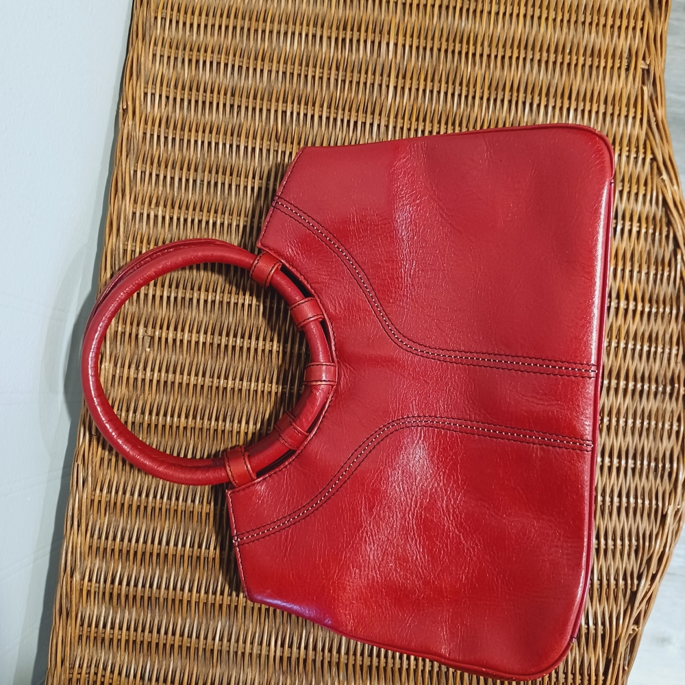 Rolfs Red Leather Clutch with Circular Handle